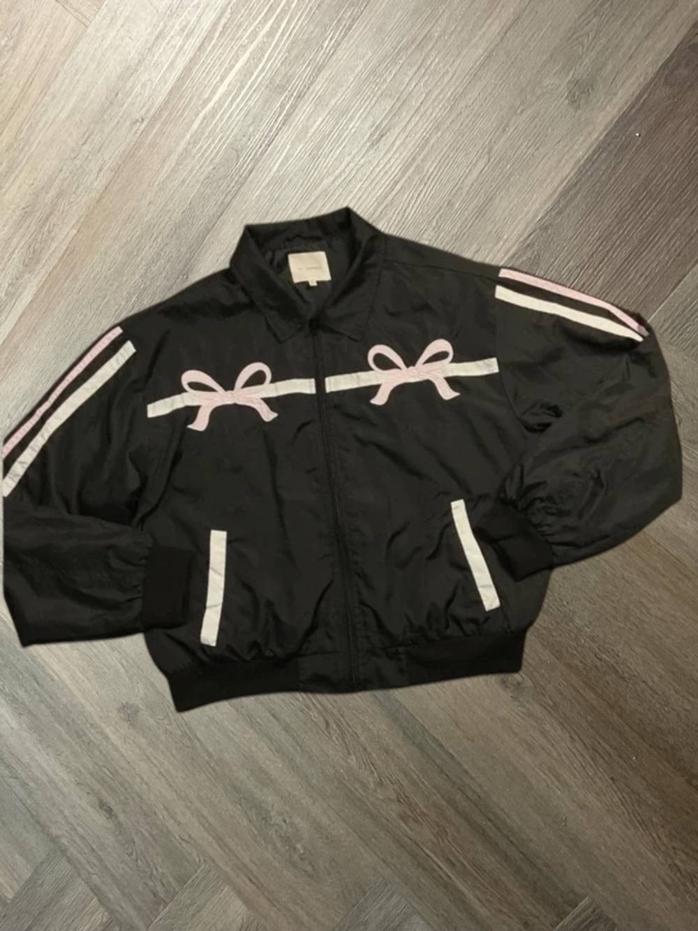 No Comment Bow Coquette Nylon Windbreaker Bomber Jacket‎ Womens XL Black Pink